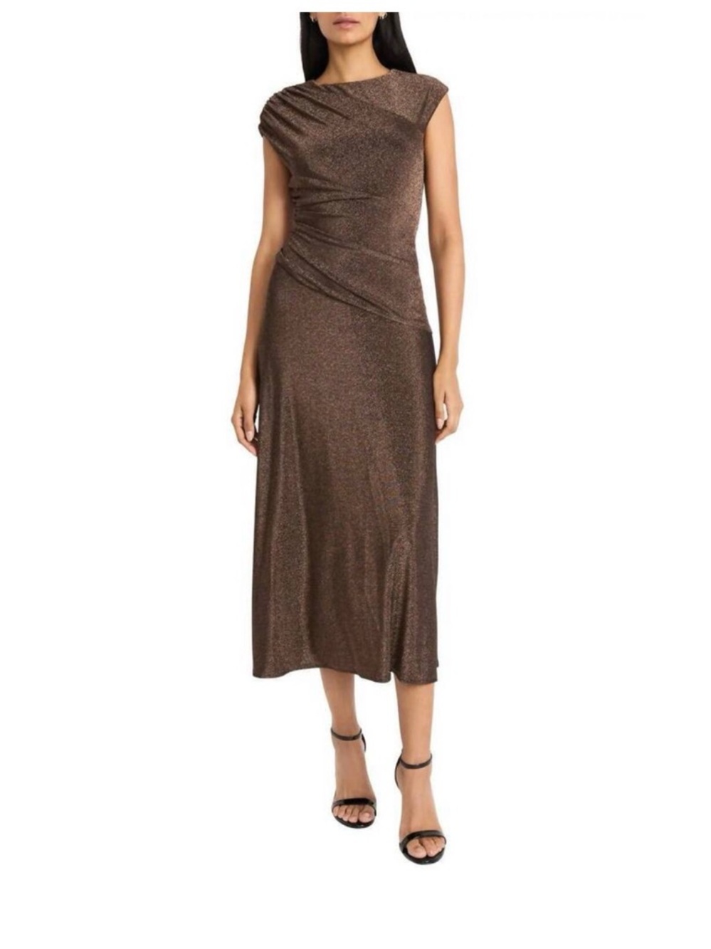 Maggy London Metallic Bronze Midi Dress with Draped Waist